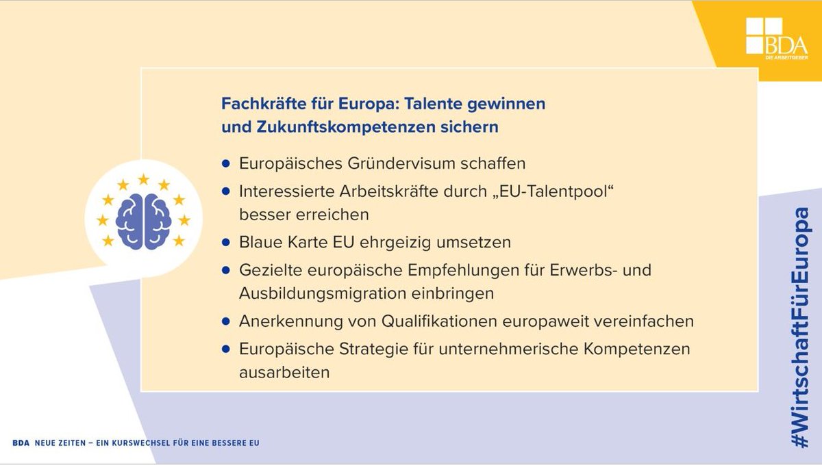 Fachkräftesicherung für #Europa? Ja, aber mit Köpfchen!
👉 🇪🇺 Gründervisum schaffen
👉 Blaue Karte EU ehrgeizig umsetzen
👉 Erwerbs- & Ausbildungsmigration vereinfachen
👉 Leichtere Anerkennung von Qualifikationen
👉 Kompetenzen fördern
👉 besseres Matching 
#WirtschaftFürEuropa