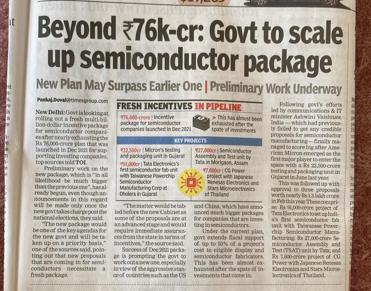 Get ready for a chip revolution in India! 🇮🇳 Govt. planning a HUGE new incentive package to lure semiconductor companies following the success of the Rs 76,000 crore scheme. Big players like Tower Semiconductors & a Japanese display fab unit eyeing entry! #chipmaking #Dholera