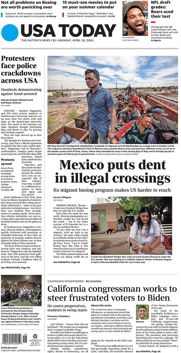 In Monday’s paper: - Mexico puts dent in illegal crossings - Protesters face police crackdowns across USA - California congressman works to steer frustrated voters to Biden