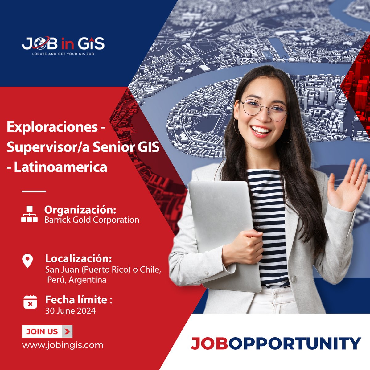 #jobingis: Barrick Gold Corporation está contratando un Exploraciones-Supervisor/a Senior GIS - Latinoamerica
📍: #SanJuan #PuertoRico #Chile #Peru #Argentina 

Apply here👉 : jobingis.com/jobs/exploraci…

#Jobs #mapping #GIS #geospatial #remotesensing #gisjobs #Geography #cartography