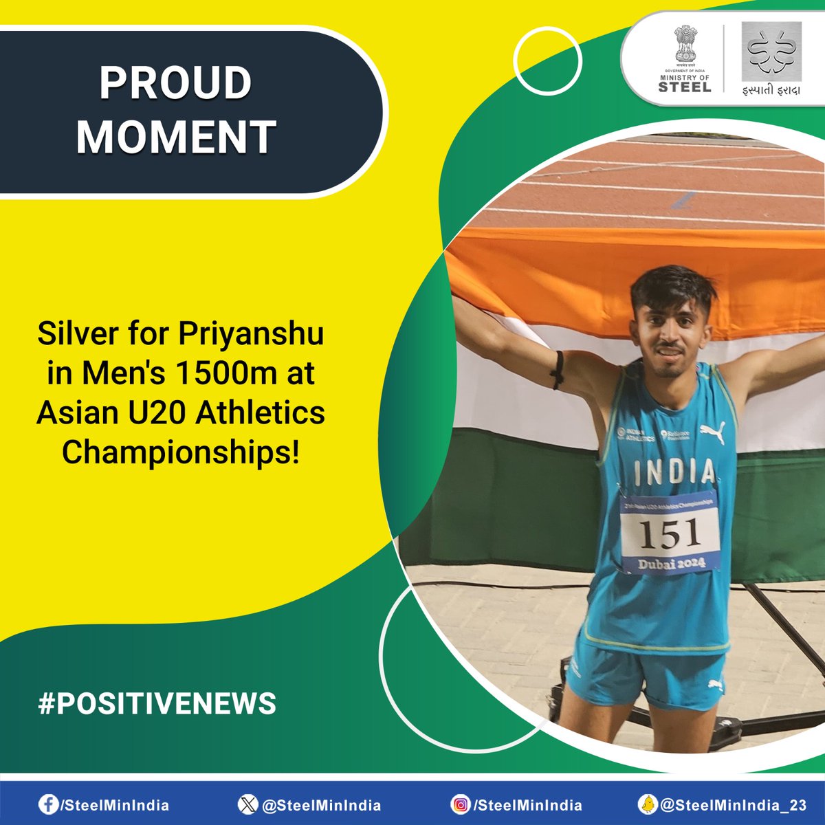 #Priyanshu showcased a #stellar performance by Clocking an impressive time of 3:50.85 at the Asian U20 #Athletics Championships, clinching the #silver🥈in the men's 1500-meter event in Dubai!🏃🏽 Congratulations on this outstanding achievement!🇮🇳 #PositiveNews #AsianU20