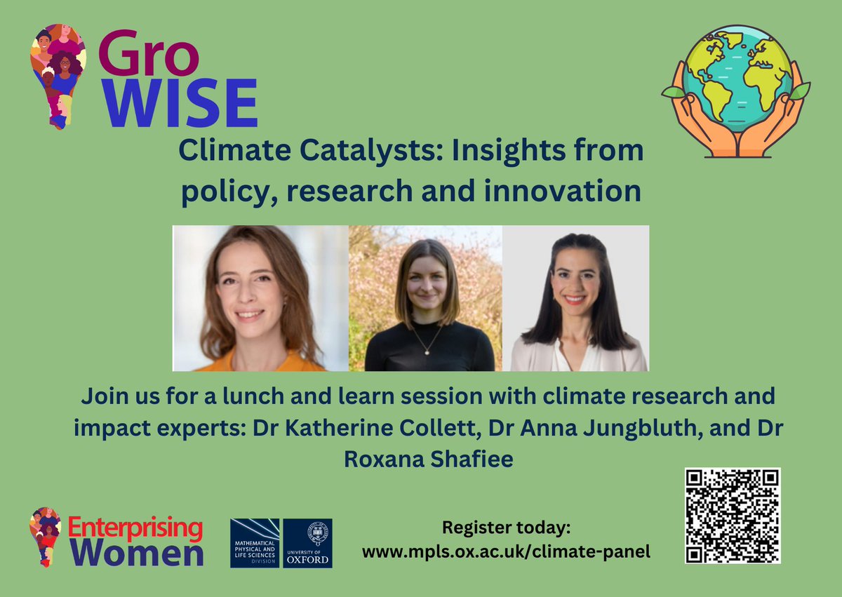 🌍 Join us for Climate Catalysts: Insights from policy, research, & innovation 🗓️ Weds, May 22, 2024 🕧12:30 – 14:00 (Bring your lunch!) 📍Online Engage with experts: 🔬 Dr. Anna Jungbluth 💡Dr. Katherine Collett 🌱Dr. Roxana Shafiee 🔗 mpls.ox.ac.uk/climate-panel