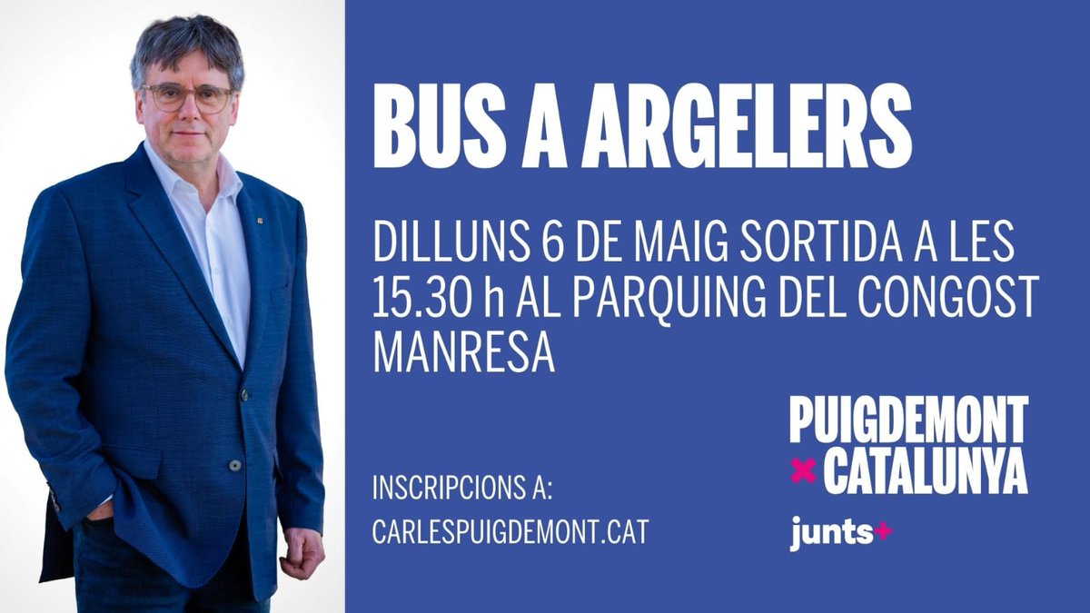 📍 Bages i Berguedà anem a Argelers! Ens acompanyes? Vine a donar suport al president a la Catalunya Nord.

🗓️ Dilluns 6 de maig
🕒 15.30h
🚌Sortida del pàrquing del Congost-Manresa

📍Apunta’t ➡️
carlespuigdemont.typeform.com/johivaigser?ty…