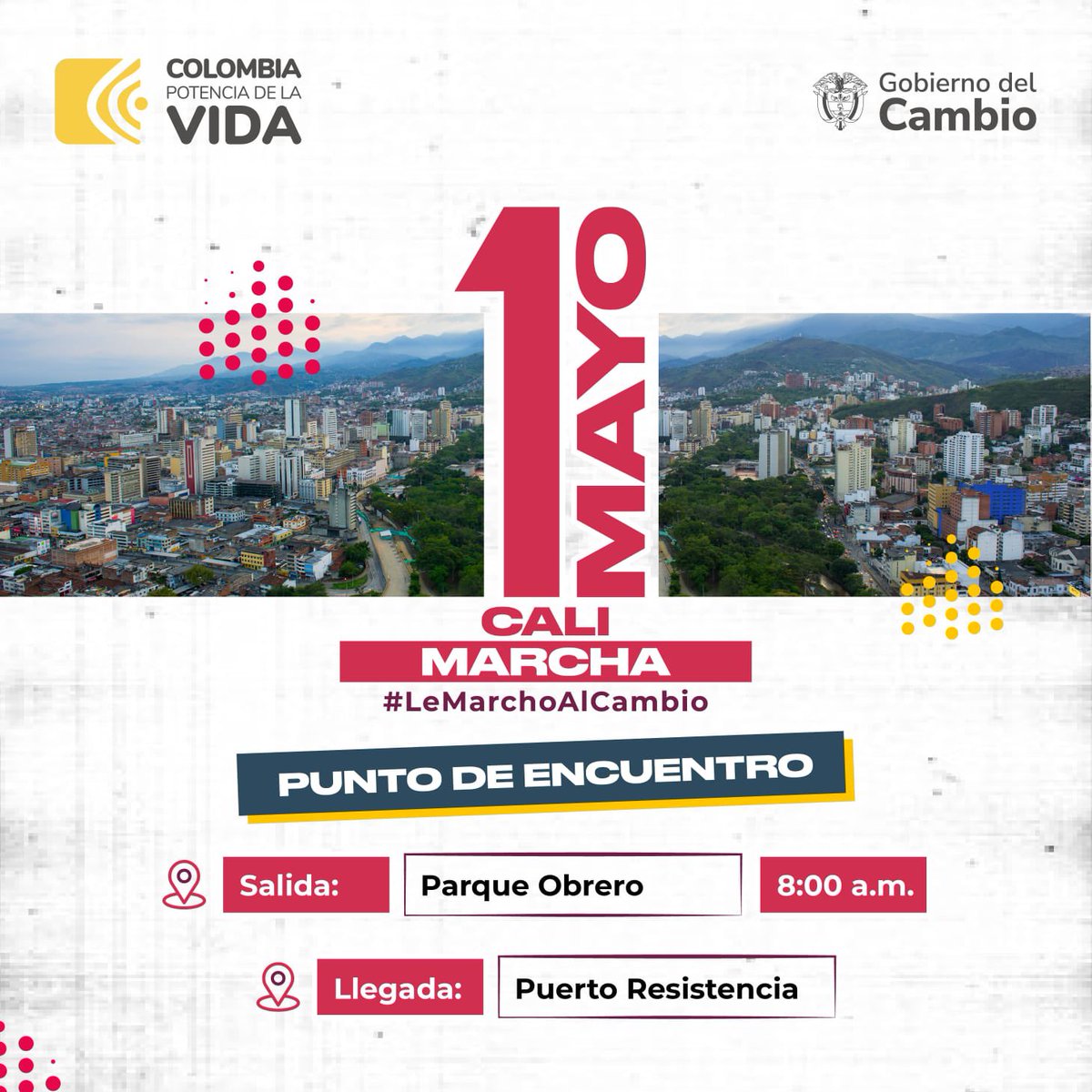 1 DE MAYO #LeMarchoAlCambio Juntos nos moveremos por los derechos de todos los colombianos, porque solo con el pueblo podremos hacer de Colombia una Potencia Mundial de la Vida. A las calles este miércoles por el trabajo, la vida, la Paz, la democracia y el mandato popular 🇨🇴