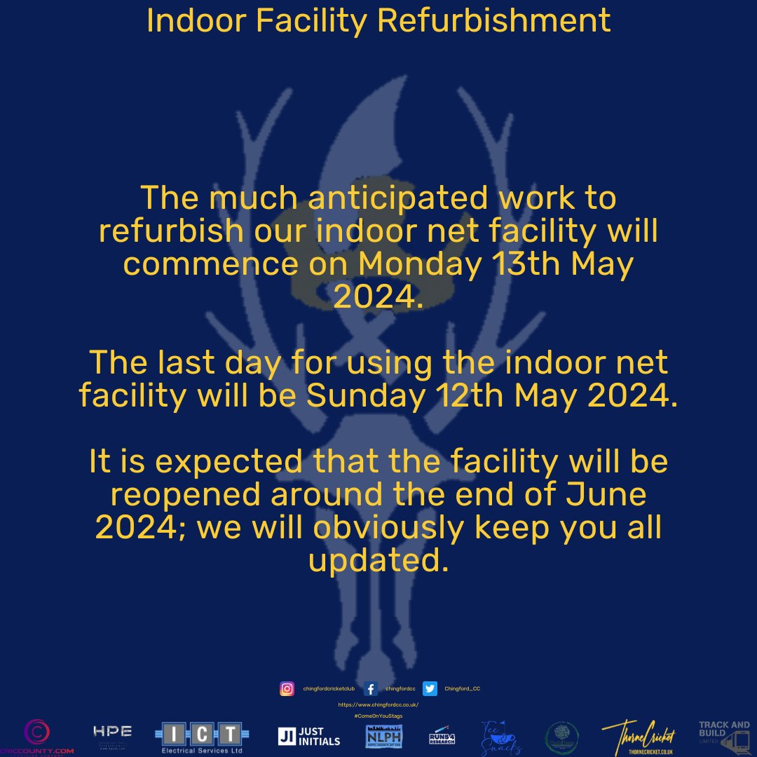 The much anticipated work to refurbish our indoor net facility will commence on Monday 13th May 2024.

The last day for using the indoor net facility will be Sunday 12th May 2024.

It is expected that the facility will be reopened around the end of June 2024.