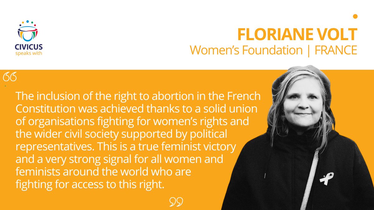 CIVICUS speaks with Floriane Volt, Director of Public and Legal Affairs at @Fondationfemmes, about recent changes to the French Constitution to include the right to abortion. 
🔗web.civicus.org/FlorianeVolt 
#CIVICUSLens @FVolt @gouvernementFR