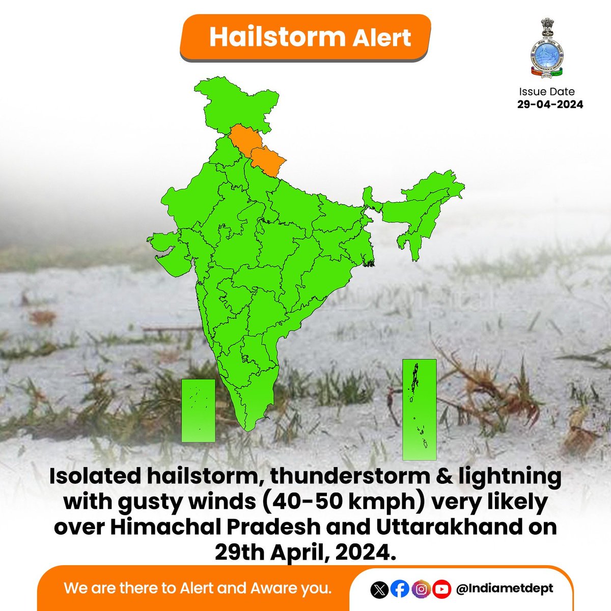 Isolated hailstorm, thunderstorm & lightning with gusty winds (40-50 kmph) very likely over Himachal Pradesh and Uttarakhand on 29th April, 2024. #WeatherUpdate #HailstormAlert @moesgoi @DDNewslive @ndmaindia @airnewsalerts