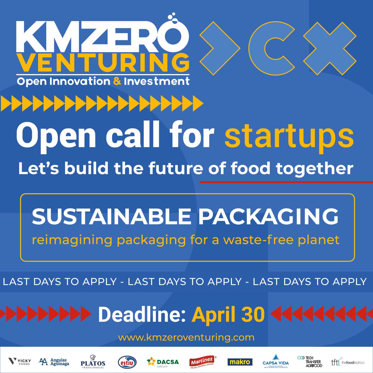 📣 ¡Solo falta 1 día para aplicar al reto ''Packaging sostenible'! Buscamos #startups foodtech con soluciones innovadoras. 👥Conéctate con líderes de la industria y accede a oportunidades de #inversión. 👉kmzeroventuring.com 🔴Deadline: 30 de abril. #opencall #foodtech