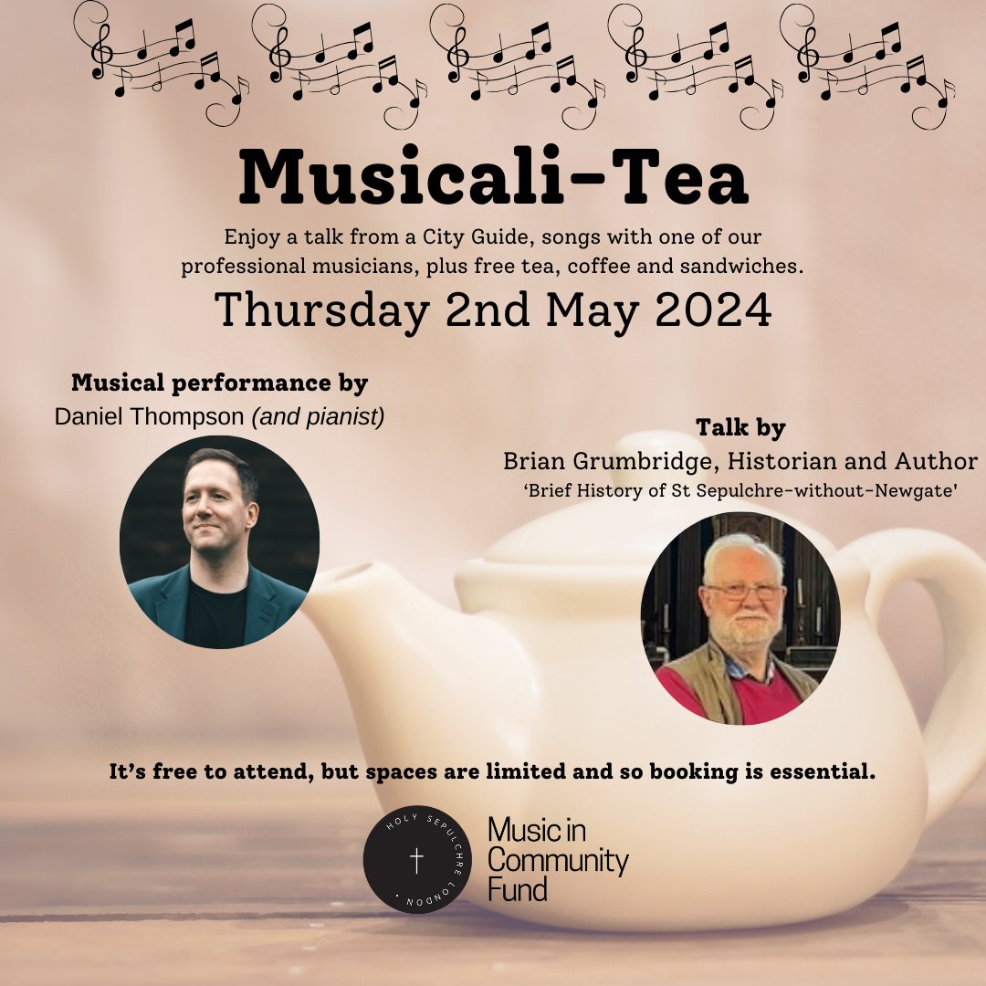 Musicali-Tea will be taking place this Thursday at 12 pm; with a musical performance from Daniel Thompson, and a talk by Brian Grumbridge; the researcher and author of our publication, 'Sepulchre, the True Story'. To book, visit hsl.church. #DementiaFriendlyLDN