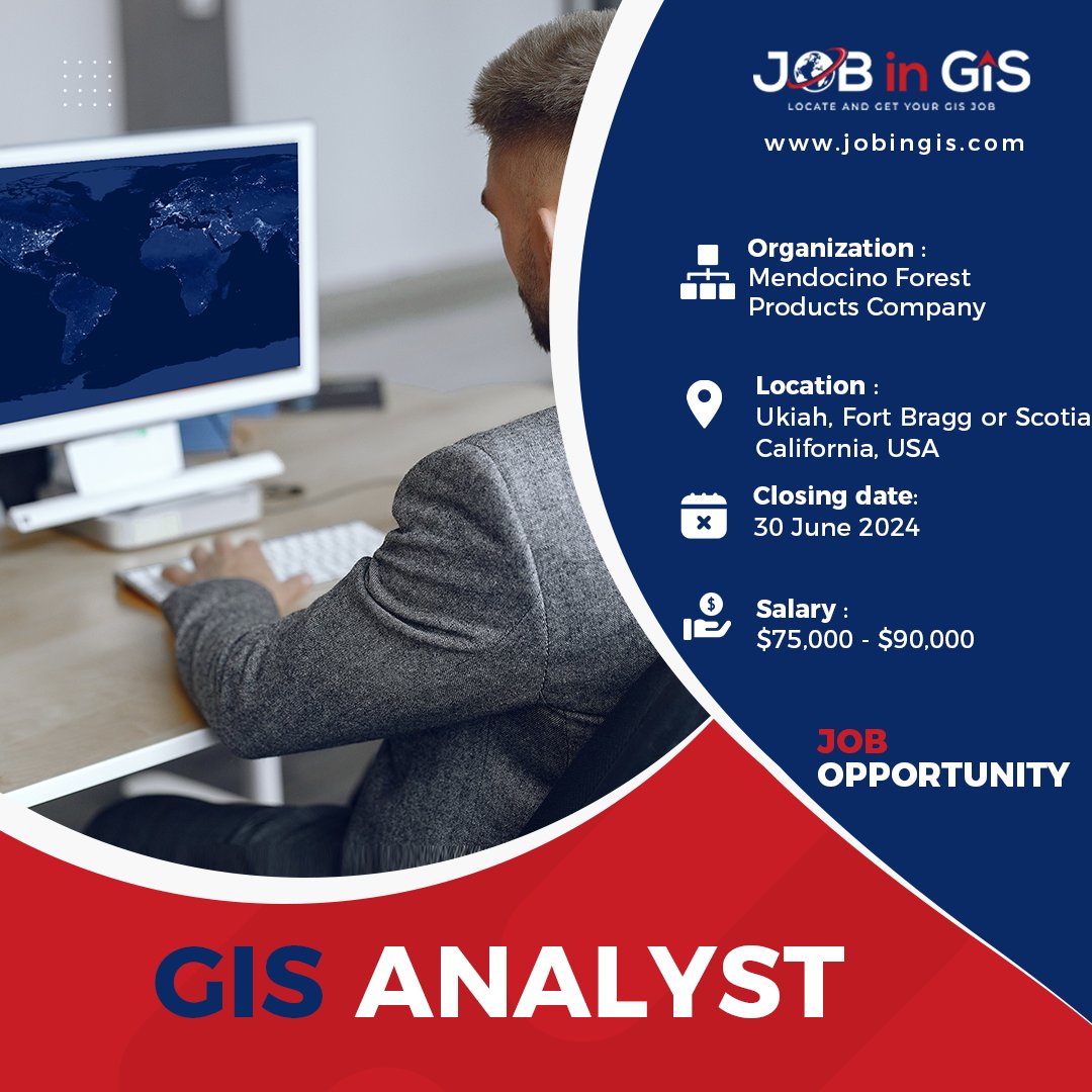 #jobingis : Mendocino Forest Products Company is hiring a GIS Analyst
📍 : #Ukiah, Fort Bragg or Scotia, #California , #USA
💰 : $75,000 - $90,000

Apply here 👉 : jobingis.com/jobs/gis-analy…
#Jobs #mapping #GIS #geospatial #remotesensing #gisjobs #Geography #cartography