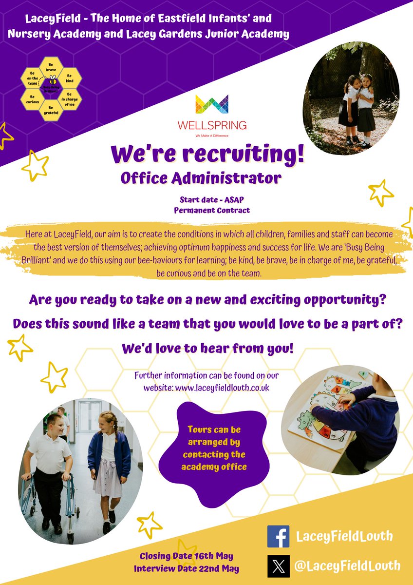 We're delighted to share our latest vacancy here at LaceyField 🐝. Please share. @WellspringAT #BeeyondBrilliant #BusyBeingBrilliant