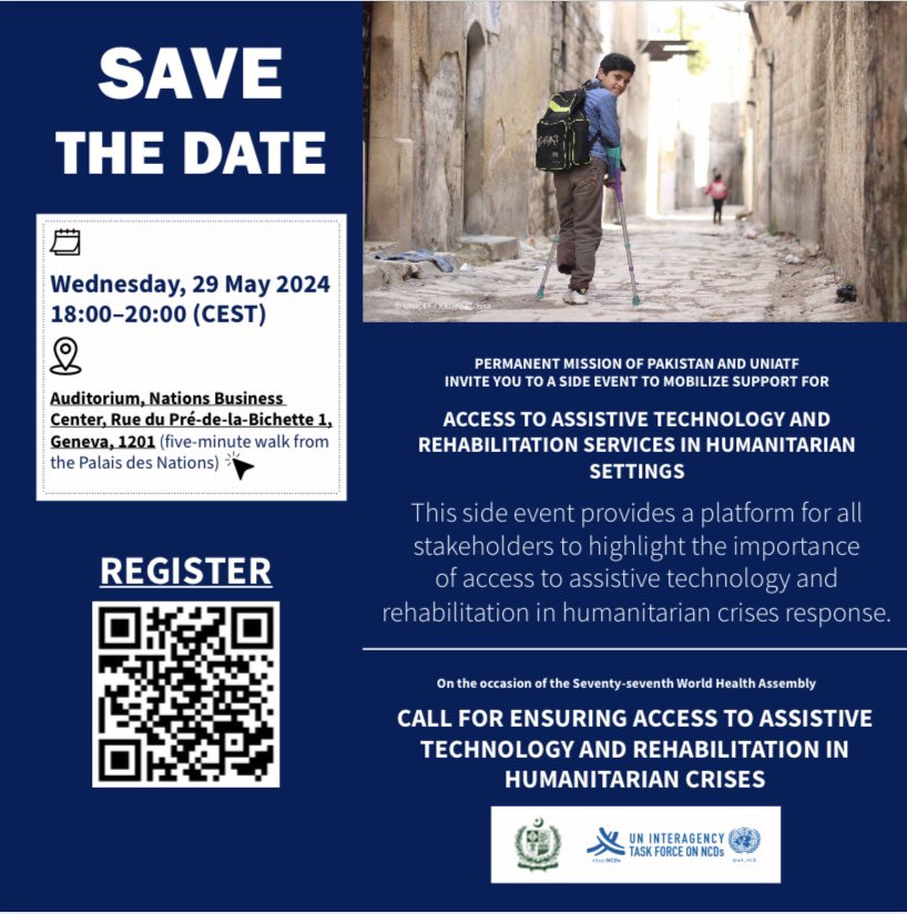 📣 SAVE THE DATE: Access to Assistive technology and rehabilitation services in humanitarian settings. During emergencies, the need for #AssistiveTechnology and for rehabilitation surges.   This event on occasion of #WHA77 provides a platform for all stakeholders to highlight