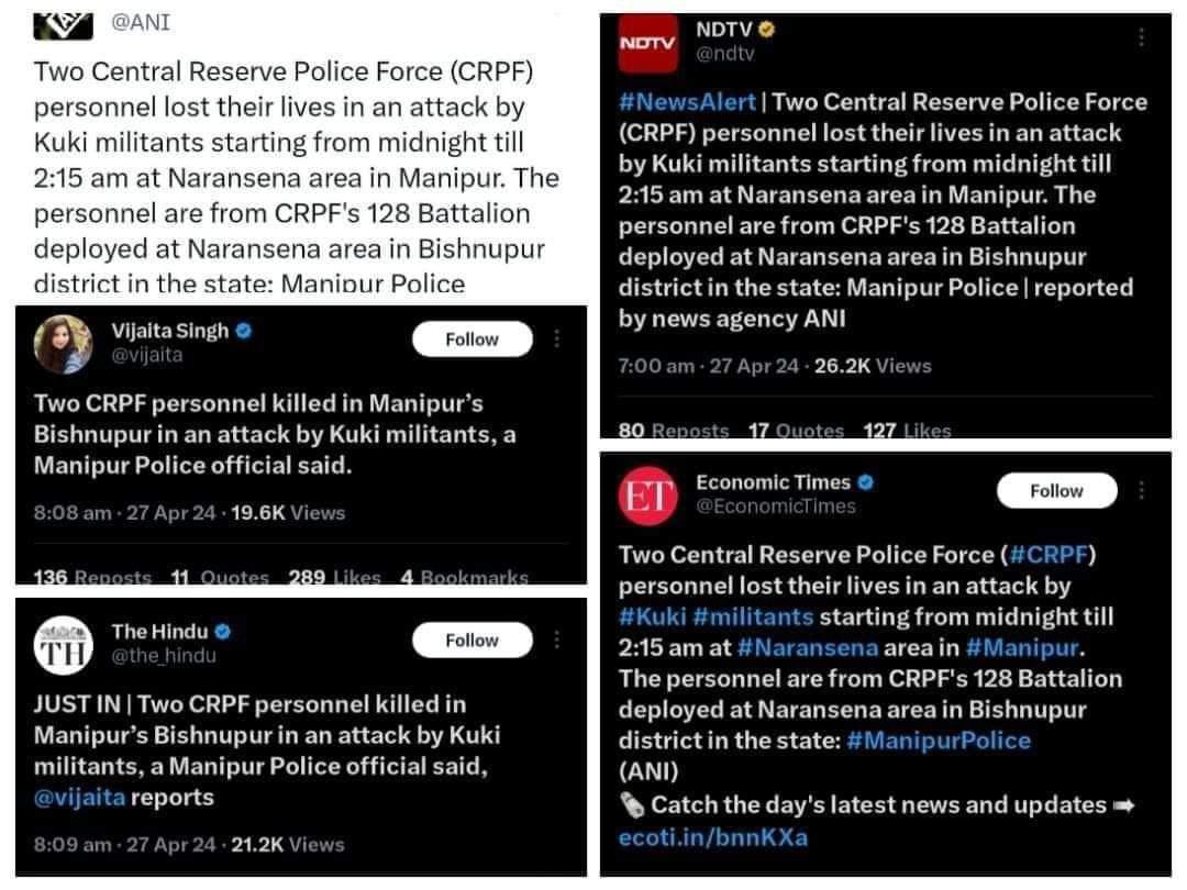 #Manipur 2 CRPF personnel were killed by Kuki Militants 2 days ago. No condemnation nor retaliation. Instead, effort to whitewash saying it was probably a mistaken identity issue...they probably wanted to attack Meitei State forces!! Does that excuse this blatant act against the