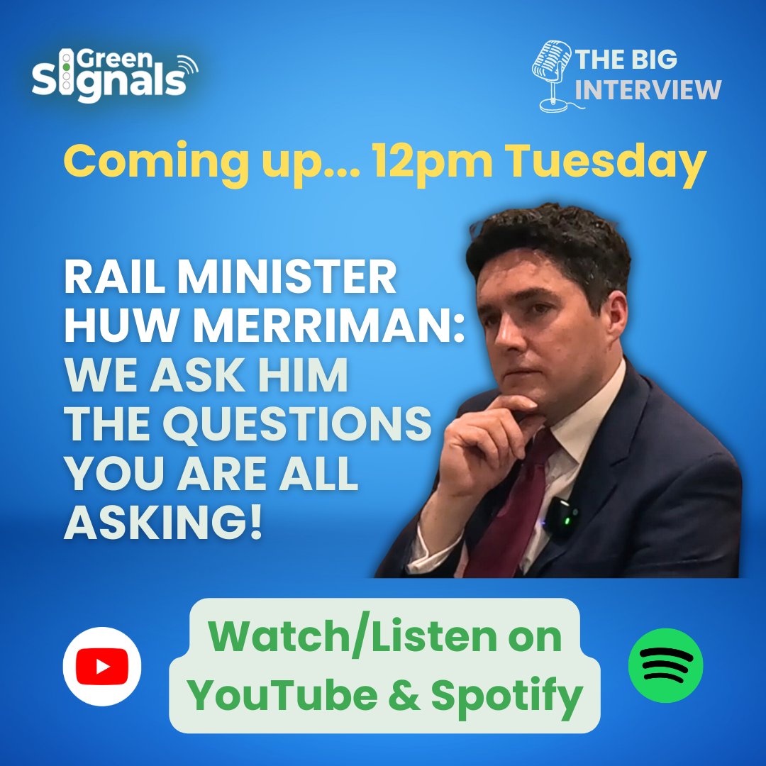 We said he'd agreed to join us on the show & he did! Last week, we met Rail Minister @HuwMerriman at his @transportgovuk office to record a Big Interview. We cover HS2, @ASLEFunion strikes, fares, rail reform, you name it. Subscribe to be notified! youtube.com/@GreenSignals