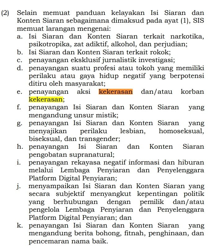 Iya nih. Di pasal 56 banyak memuat larangan, ada yang oke sih tapi ada juga yang berlebihan kayak dilarang menampilkan tokoh yang memiliki gaya hidup negatif 😭. Ini mah filmnya @jokoanwar bakal ga dibolehin tayang di OTT.