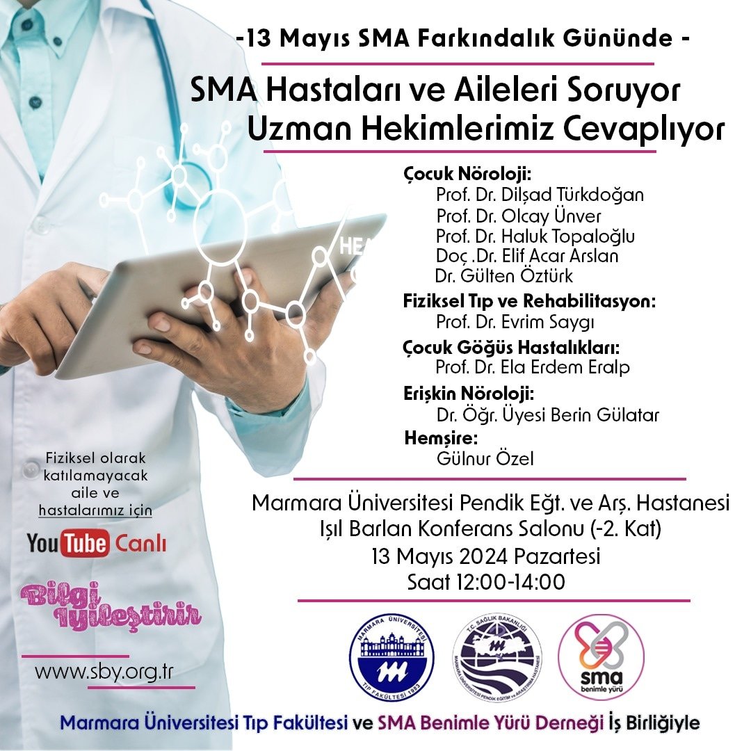 “13 Mayıs SMA Farkındalık Günü” münasebetiyle, Marmara Üniversitesi Tıp Fakültesi ve SMA Benimle Yürü Derneği’nin işbirliğiyle SMA hastaları ve aileleri soruyor, uzman hekimlerimiz cevaplıyor. Tüm hastalarımız ve ailelerimiz davetlidir. Marmara Üniversitesi Pendik Eğitim ve…