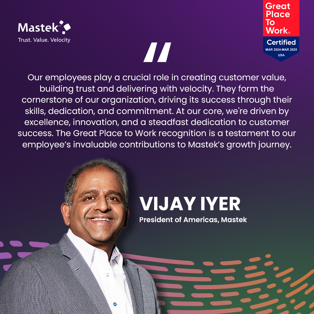 Mastek celebrates its GPTW®️ certification!

As Vijay Iyer, President of Americas, Mastek, emphasizes, our core values – excellence, innovation, and unwavering dedication to customer success – are deeply rooted in fostering a thriving work environment.

#Mastek #GPTWcertified