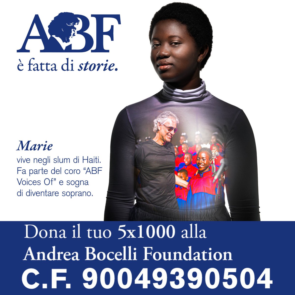 Trasforma un semplice gesto in un atto d’amore. Destinando il tuo 5x1000 all’Andrea Bocelli Foundation, contribuirai a offrire l’opportunità di un futuro migliore ai giovani talenti del programma ABF Voices Of. Inserisci la tua firma e il codice fiscale della Fondazione nello