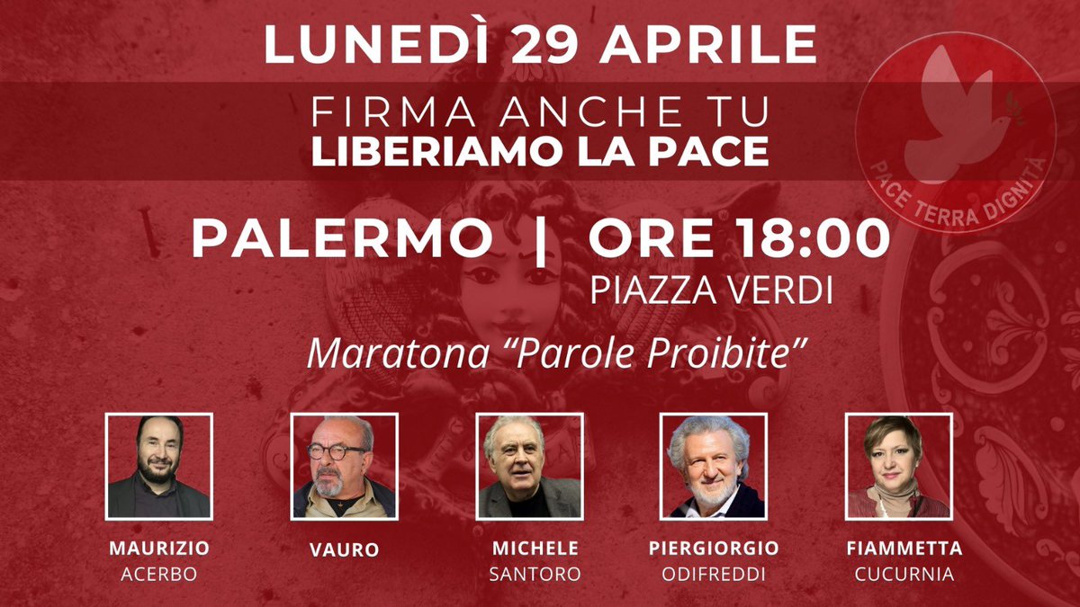 Oggi a Palermo la maratona di #paroleproibite e, a seguire in diretta streaming, annunceremo se la lista #paceterradignità ha raggiunto il numero di firme necessarie nella circoscrizione Isole, per presentarsi alle #Europee 2024 Ci vediamo in Piazza Verdi dalle ore 18.00!