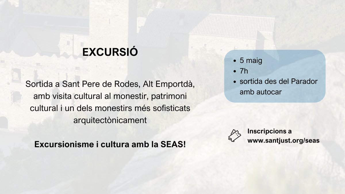 𝗔𝗚𝗘𝗡𝗗𝗔 𝗗𝗘 𝗟𝗔 𝗦𝗘𝗧𝗠𝗔𝗡𝗔

👉🏽 Excursionisme i cultura històrica amb la
@SeasSantjust

Us esperem! 😊

𝗦𝗢𝗠 𝗖𝗨𝗟𝗧𝗨𝗥𝗔
📍 Carrer Ateneu, 3
ateneudesvern.cat

#SomCultura #AteneusCat #AteneuSantJust