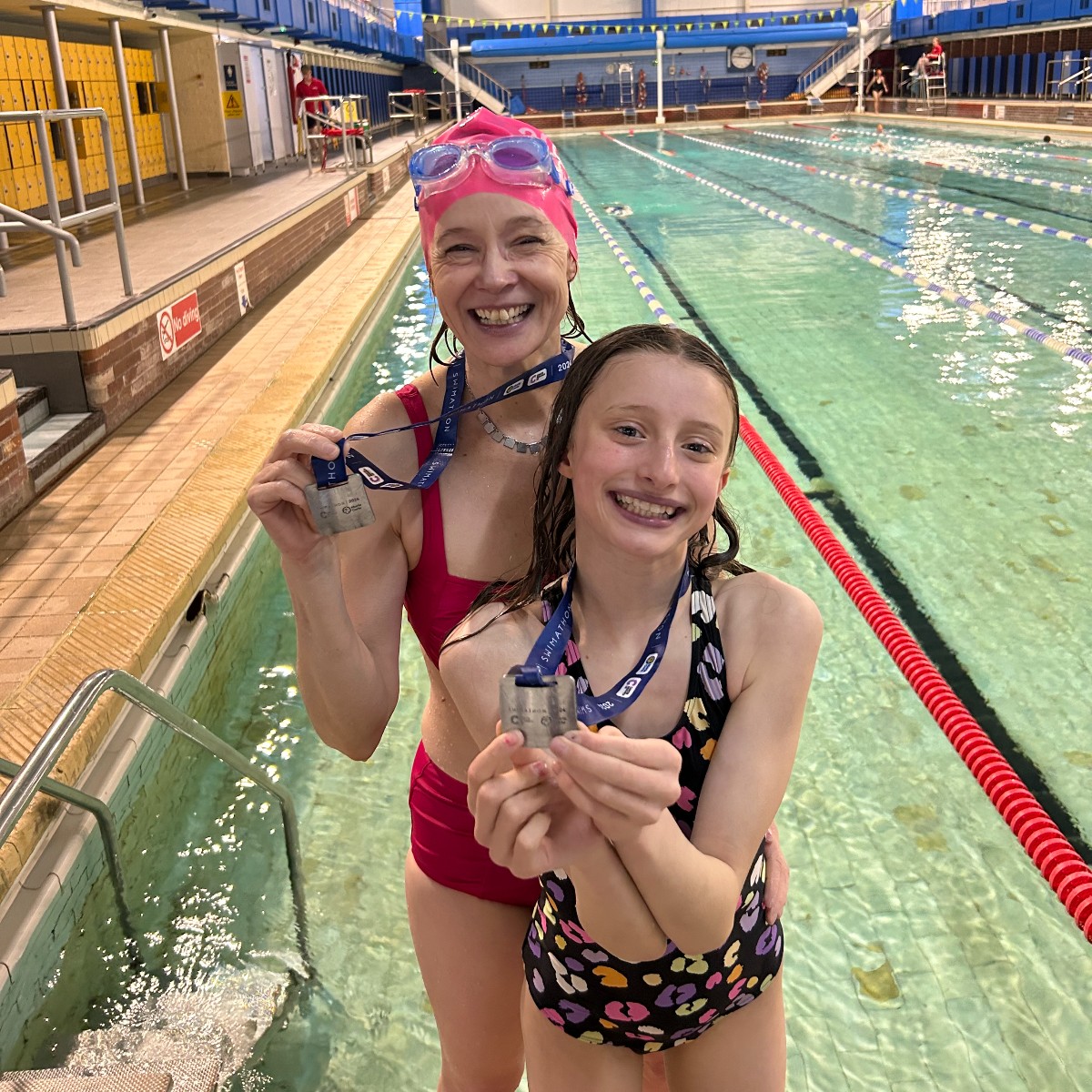 @Swimathon 2024 🏊 Jane and Ayesha were taking part in Swimathon in honour of Gramps and Nan-Nan who had cancer. Ayesha did her first 1.5km challenge and wants to join her Mum doing 2.5km next year!