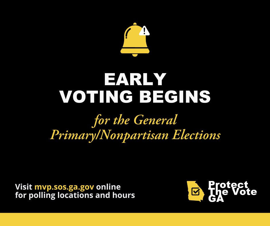 Early voting for the General Primary begins today! 🎉🗳️

You have until May 17 to cast a ballot EARLY in-person before Election Day on May 21. Check your sample ballot and find your early voting polling location ➡️ mvp.sos.ga.gov.

#VoteEarly #VoteReady #gapol