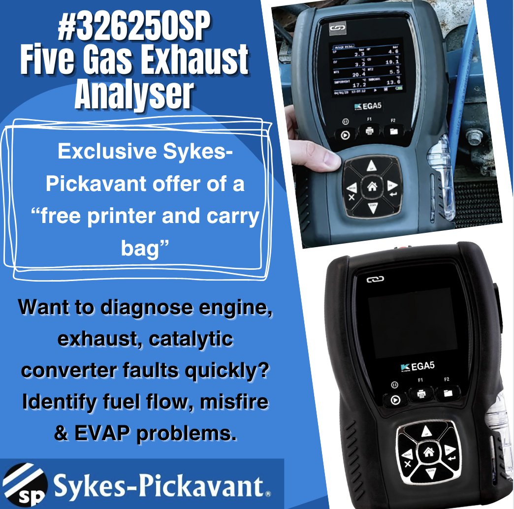 #326250SP Five gas Exhaust analyser. Now with an exclusive offer of a “free printer and carry bag”. This tool will identify and diagnose engine, exhaust, catalytic converter faults quickly. Check it out on our website today at sykes-pickavant.com