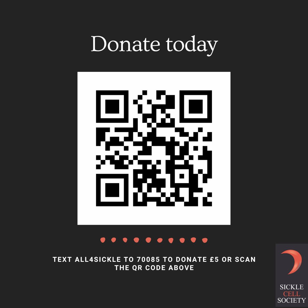 Donating is easy! Scan the QR code or text ALL4SICKLE to 70085 to donate £5. Texts cost £5 plus one standard network rate message. Your donation supports Sickle Cell awareness and assistance for those affected. Thank you! 🙏 #SickleCellAwareness