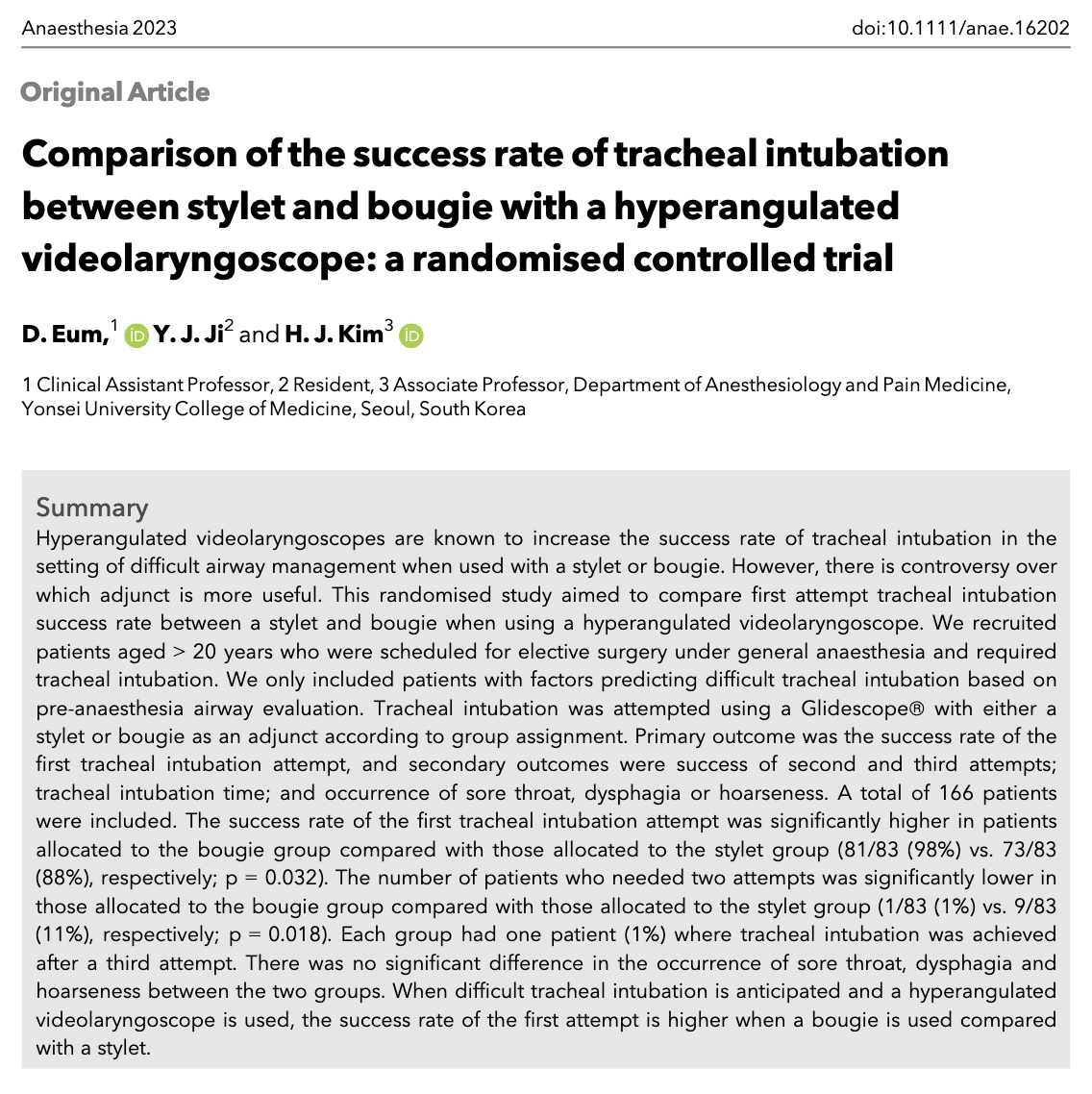 'We found that in patients predicted to have difficult tracheal intubation, success rate of the first tracheal intubation attempt was higher when using a hyperangulated videolaryngoscope with a bougie compared with a stylet.' 🔗…-publications.onlinelibrary.wiley.com/doi/10.1111/an…