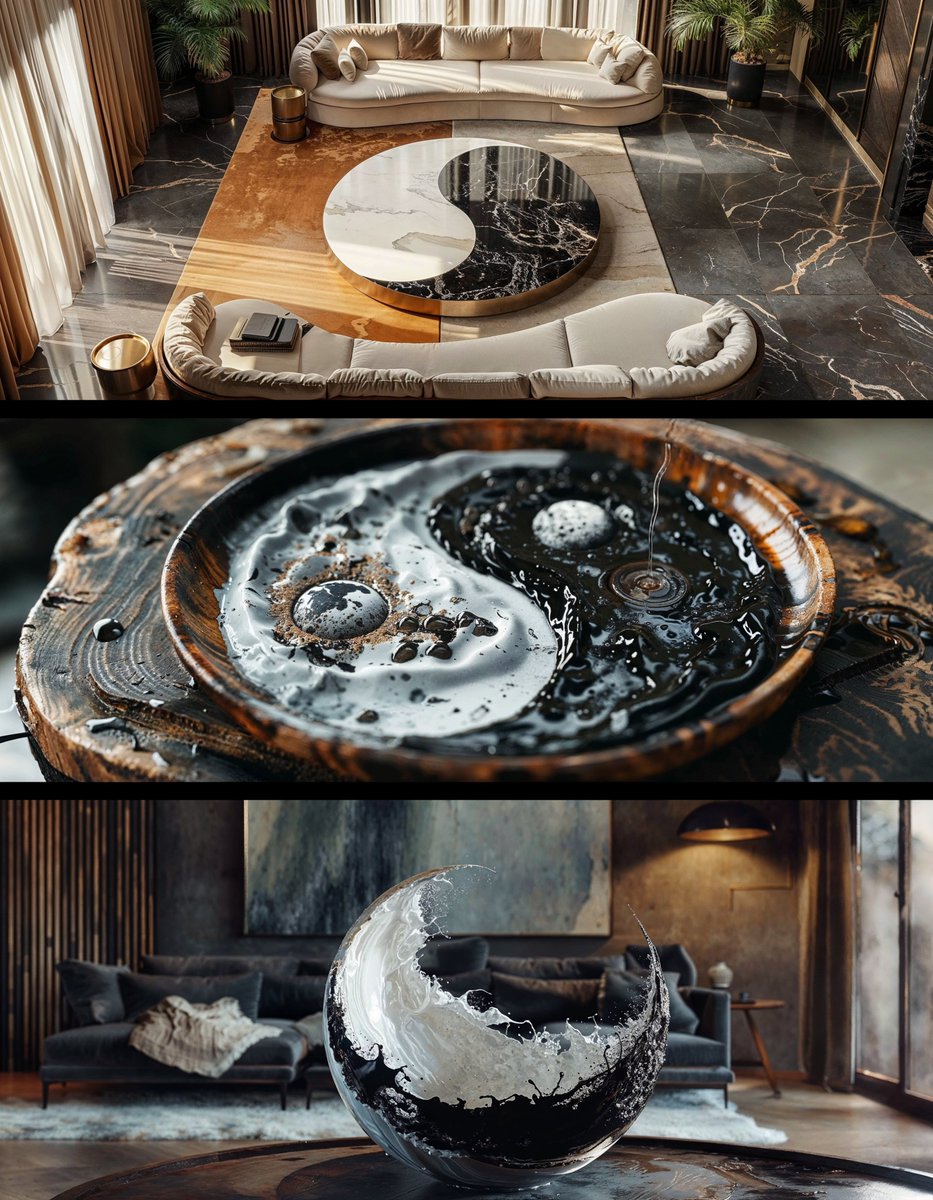 ⚡️Ying and Yang Midjourney #PromptShare I've always loved this symbol, soI decided to explore the idea for interiors and fluids. Prompts: a plate like ying-yang symbol on a table in a large living room, royalcore --ar 7:3 yin and yang plate, royalcore, cinematic, living room…