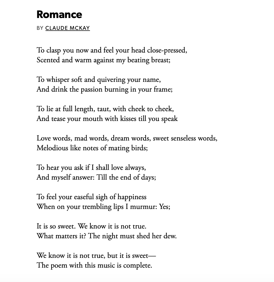 'Romance' by Claude McKay, 1922.

#modernism #ClaudeMcKay #poetry #harlemrenaissance