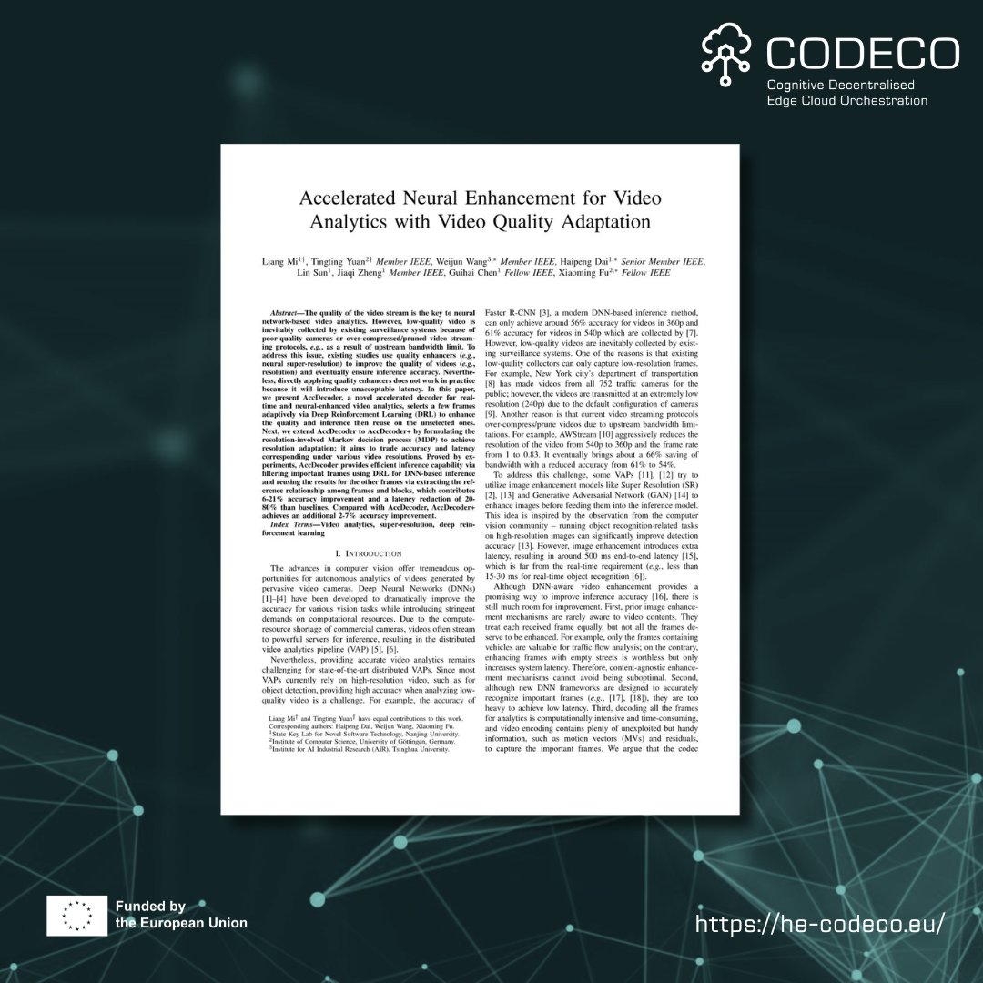📢Our #CODECO partners at @uniGoettingen, Tingting Yuan & @xiaomingfu, participated in the innovative paper 'Accelerated Neural Enhancement for Video Analytics with Video Quality Adaptation,' accepted by IEEE/ACM Transactions on Networking. Full doc: zenodo.org/records/108383…