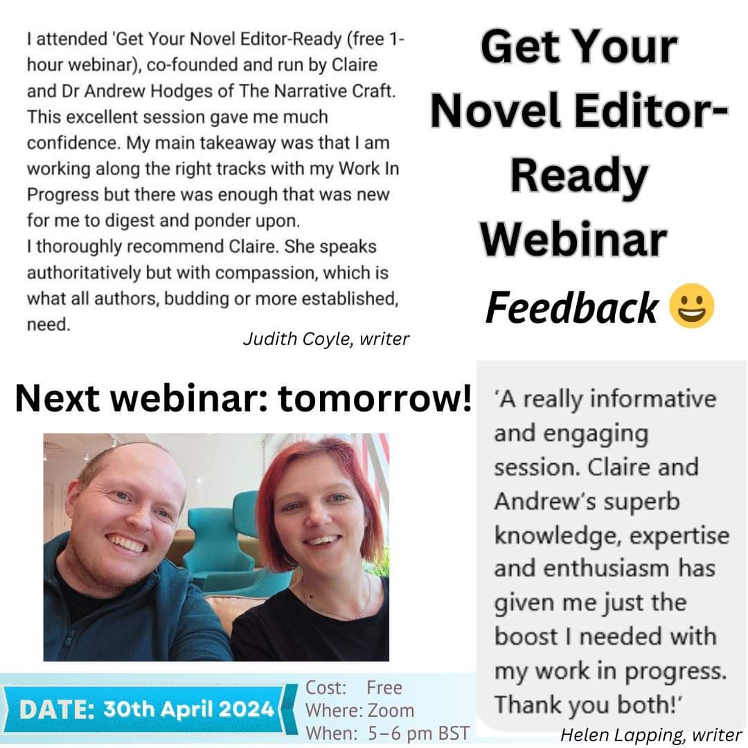 Who's joining us tomorrow for the THIRD Get Your Novel Editor-Ready webinar?

Register here: 
andrewhodges.podia.com/a70bbf18-dd41-…

#WritingCommunity #booktwt #amwriting #cherryedits #amquerying #indieauthors #tradpub #selfpub #querytrenches