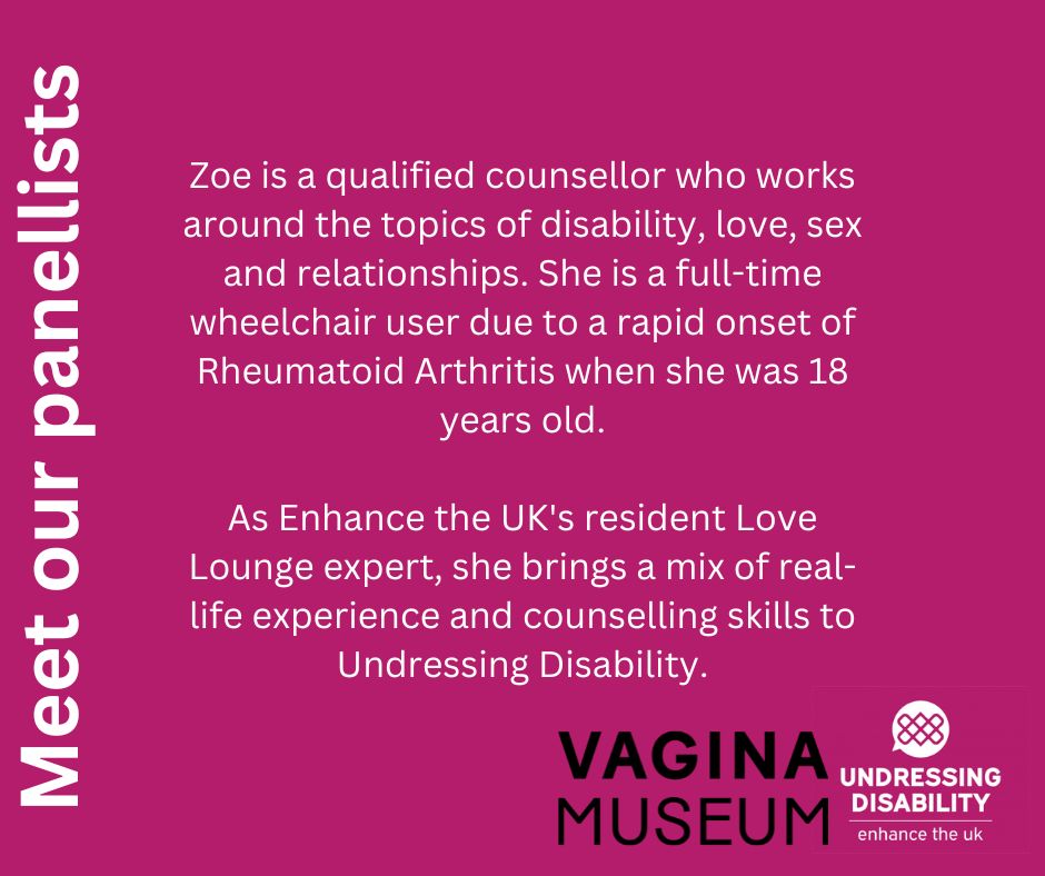 Tickets are still available for our #Neurodiversity love and dating panel followed by a social our May 16th event @vagina_museum Meet our first panellist: Zoe is a qualified counsellor who works around disability, love, sex and relationships Tickets: buff.ly/4arwMCi