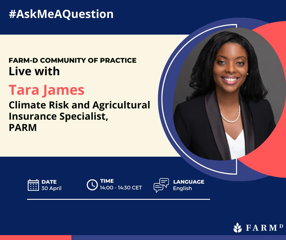 TOMORROW | #AskMeAQuestion Live Chat on our #CommunityofPractice at 14:00 (UTC+1).

Join Ms. Tara James to explore ways to strengthen smallholder farmers’ resilience to climate risks.

Hope to see you tomorrow on: cop.farm-d.org!

🔺 Live in English only.