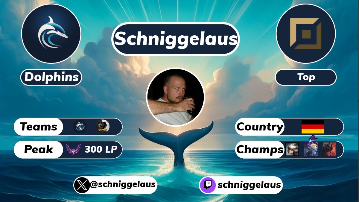 Wir runden die Dolphins ab, mit dem Toplaner Ihres Vertrauens: @schniggelaus wird für die Zahnwale das Glas auf Top hochhalten. Er ist stets hilfsbereit, beispielsweise hat er den Goldfischen positional Coaching gegeben! (Div 8 Abstieg, toll) Weiterhin schön Dich bei uns zu haben