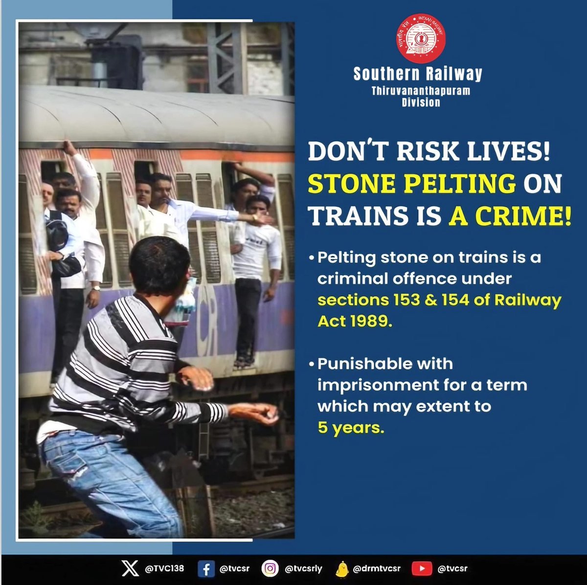 Stone-throwing at trains is a significant criminal offense, with penalties of up to five years in prison under Section 153 of Railway Act. Passenger safety and railway integrity are crucial. Let's commit to these priorities. 

#RailwaySafety #ZeroTolerance #SouthernRailway
