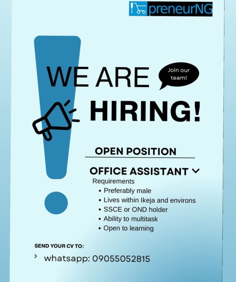 ITpreneurNG, a Lagos based tech business is looking to recruit for the role of an OFFICE ASSISTANT in its ikeja office Interested applicants should send their CVs to 09055052815 on WhatsApp. Application closes 5th May 2024