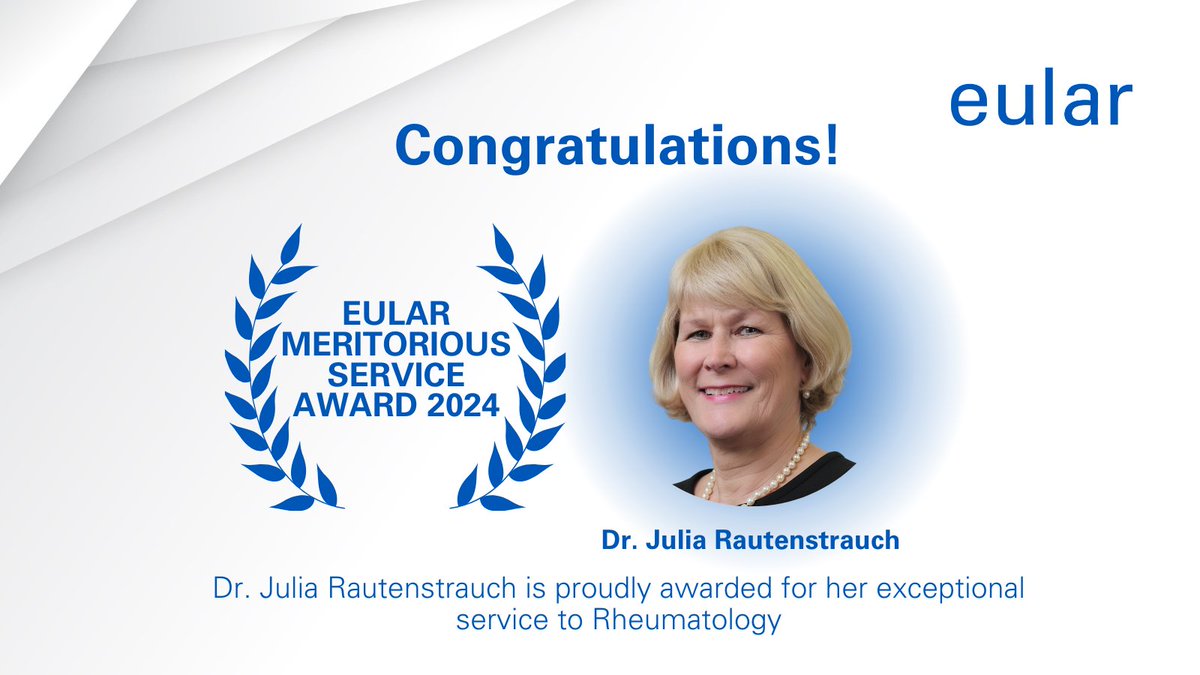 📢We are pleased to announce that Dr. Julia Rautenstrauch has been awarded the prestigious EULAR Meritorious Service Award 2024. 🤲Register to the EULAR 2024 Congress here: pulse.ly/y5lx9gwzxe #EULAR2024