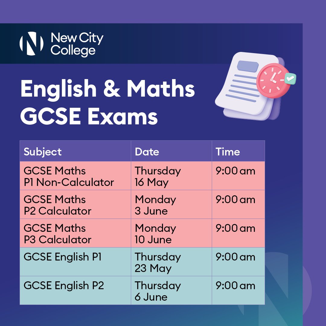 Maths and English exams are approaching fast! 📝 Just a quick reminder of the dates. Don't forget to attend the revision sessions on your campus if you need support - speak to your tutors for more information. Sending lots of good vibes your way! 🍀 #Exams2024