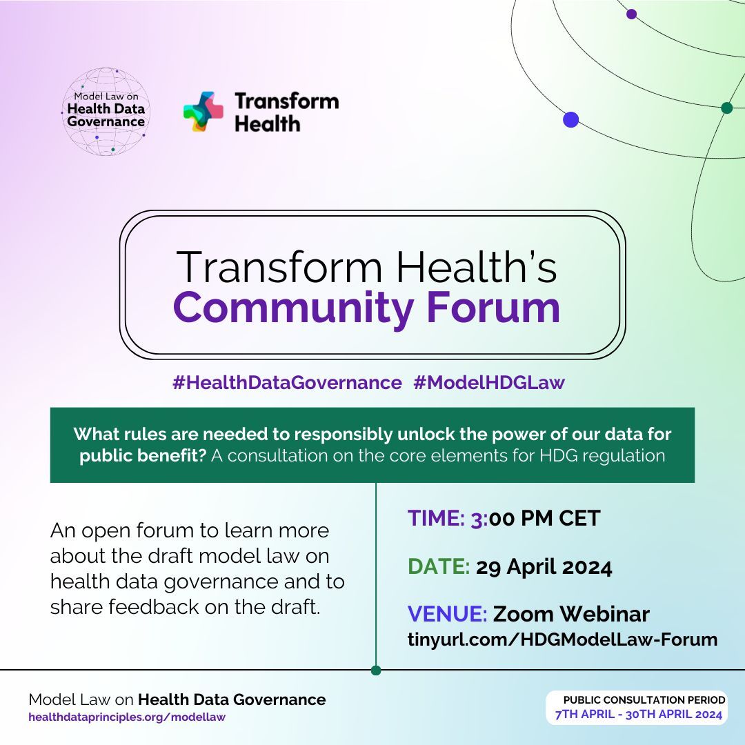 🗓 Happening today! @trans4m_health is convening a community forum to gather inputs on a draft model law on #healthdatagovernance! Join the forum today and share your feedback on the draft #ModelHDGLaw: buff.ly/4axZEc9