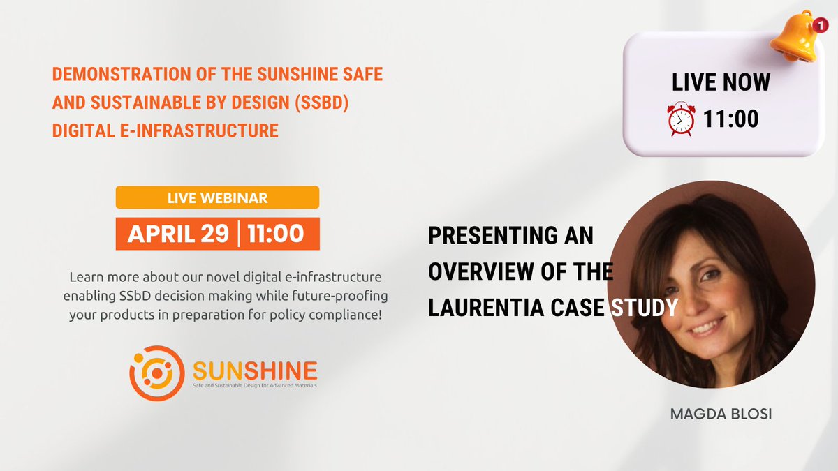 🚀 Thank you for the great presentation on the SUNSHINE Laurentia Case Study, @MagdaBlosi! Join our #webinar on Safe and #Sustainable by Design (#SSbD) decision-making with SUNSHINE's cutting-edge e-infrastructure! You can still join us 👇🏽 🔗 loom.ly/SvgvZUg