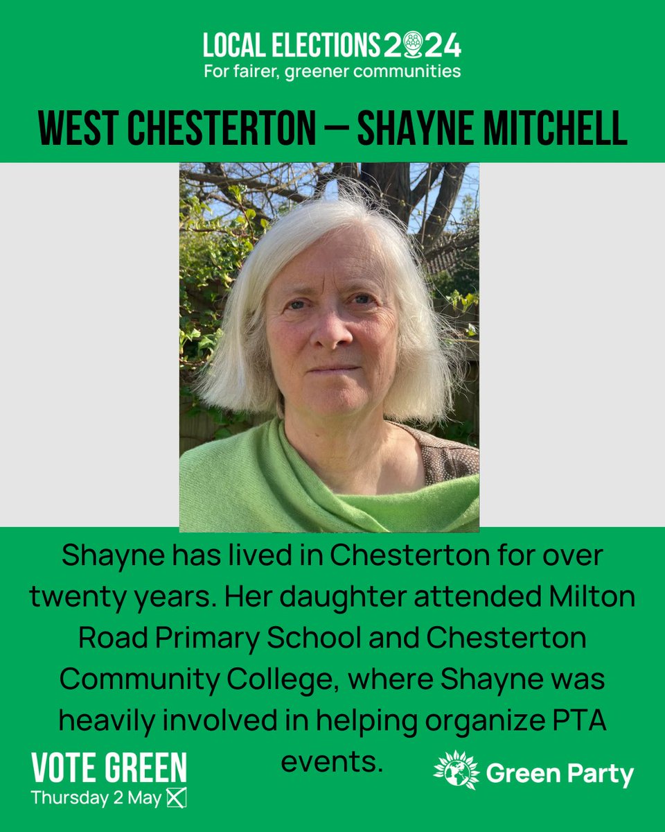 Last but not least, *THIS THURSDAY*, Chloe Mosonyi (Trumpington) and Shayne Mitchell (West Chesterton) are running as your local canidates. See all wards here: cambridge.greenparty.org.uk/local-election… Promoted by Cambridge & South Cambridge Green Party, c/o 603 Newmarket Rd, CB5 8PA