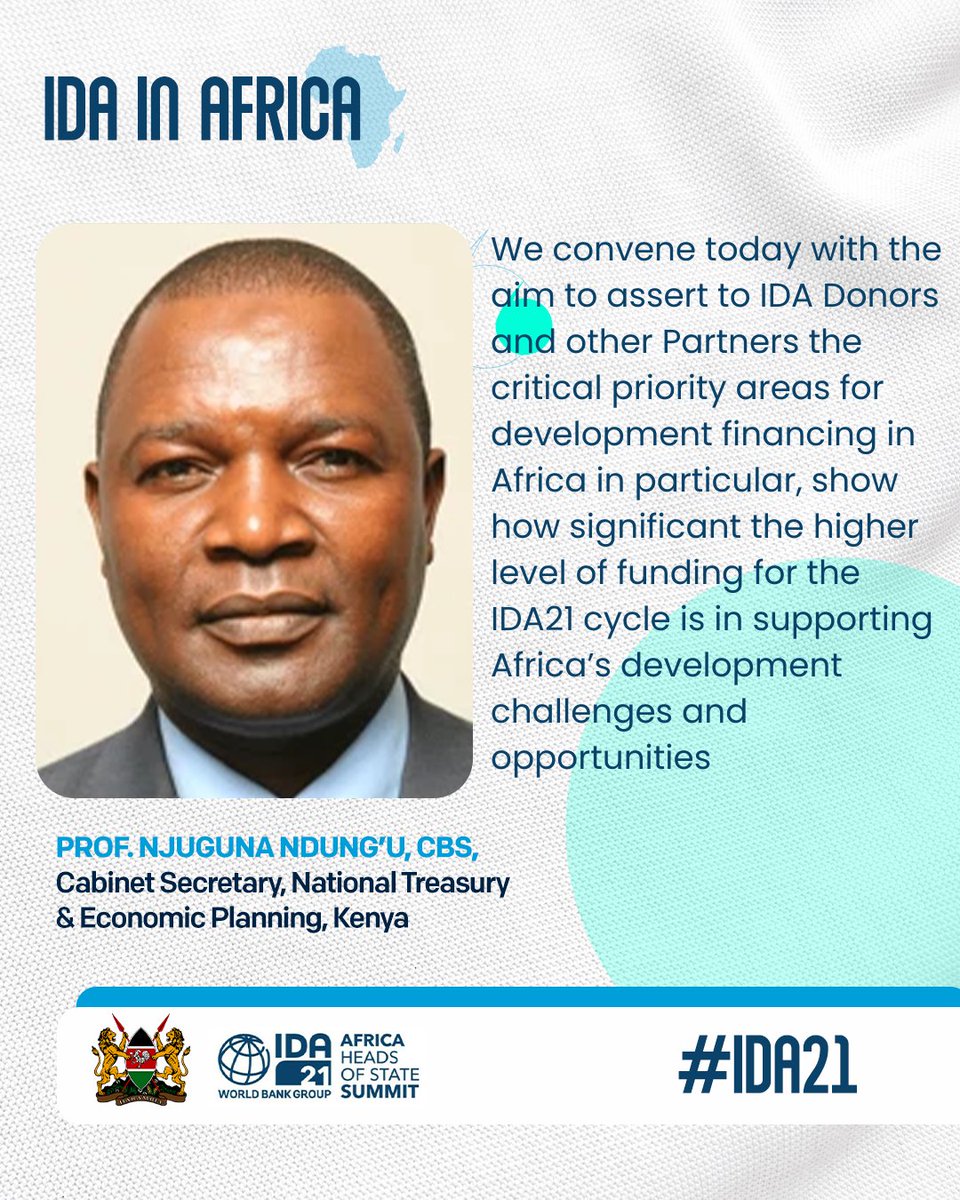 'We convene today with the aim to assert to IDA Donors and other partners the critical priority areas for development financing in Africa in particular...' Prof. Njuguna Ndung'u , CS National Treasury & Economic Planning, Kenya at #IDA21 in #Nairobi #IDAWORKS