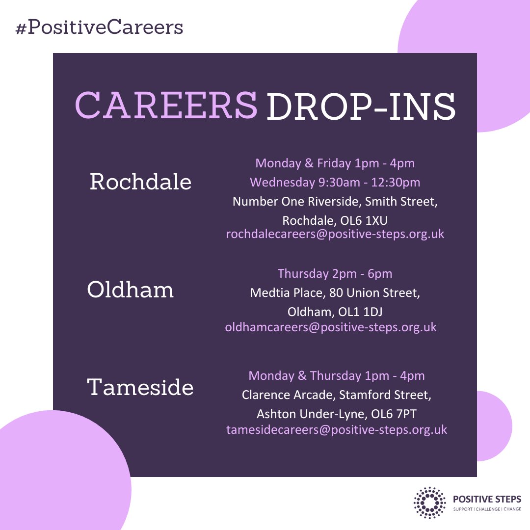 Are you aged 16-18, not in education, employment or training? Come to one of our Careers Drop-In sessions in Oldham, Rochdale and Tameside every week! Contact us any time or call our helpline Monday -Friday - 0161 621 9400 💜 #positivecareers