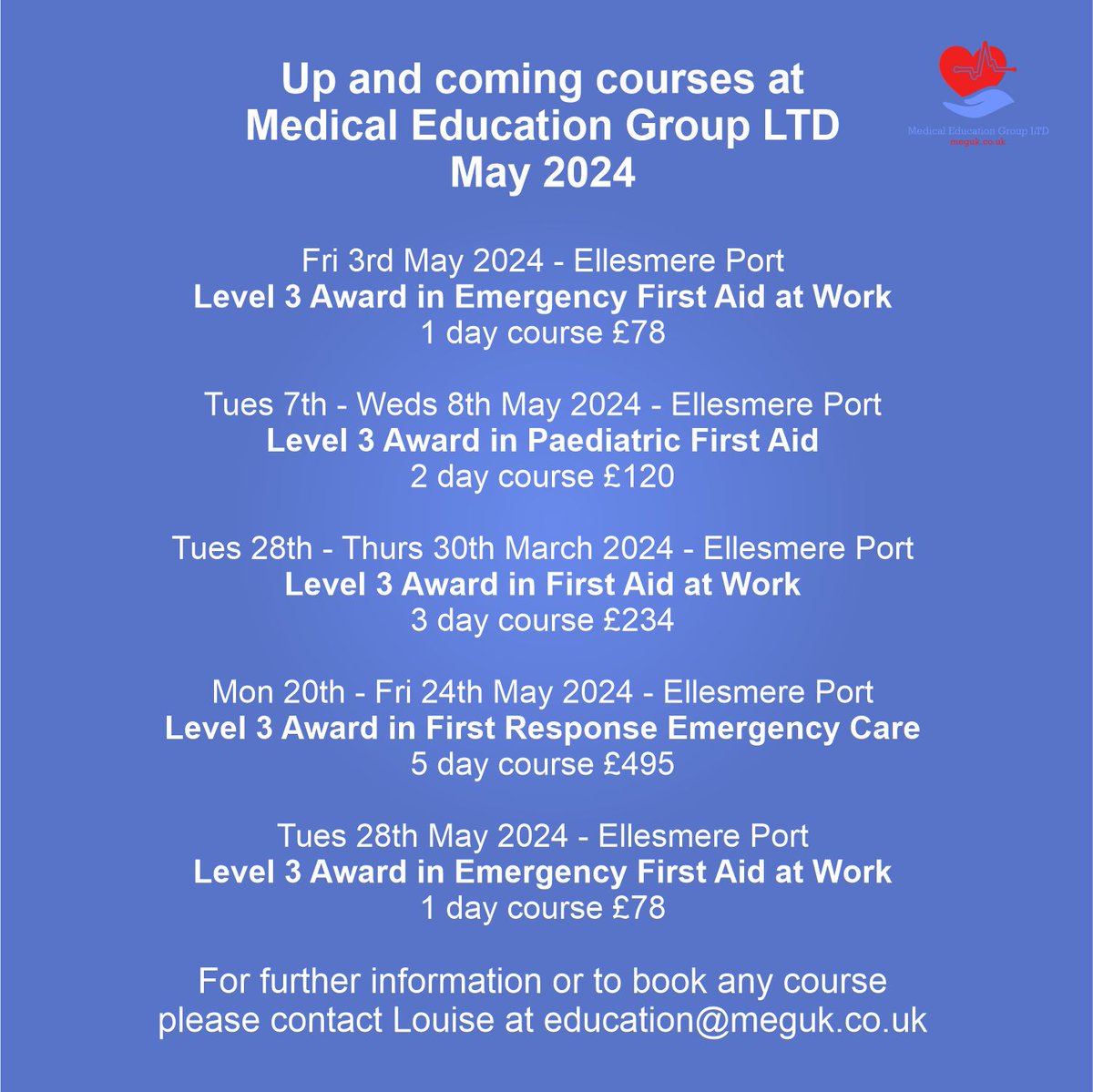 📆🚑 Exciting May 2024 courses at Medical Education Group LTD, Ellesmere Port!
Contact Louise at 0151 458 8768 or education@meguk.co.uk for booking! 📧
#FirstAid #EmergencyTraining #HealthAndSafety #EllesmerePort