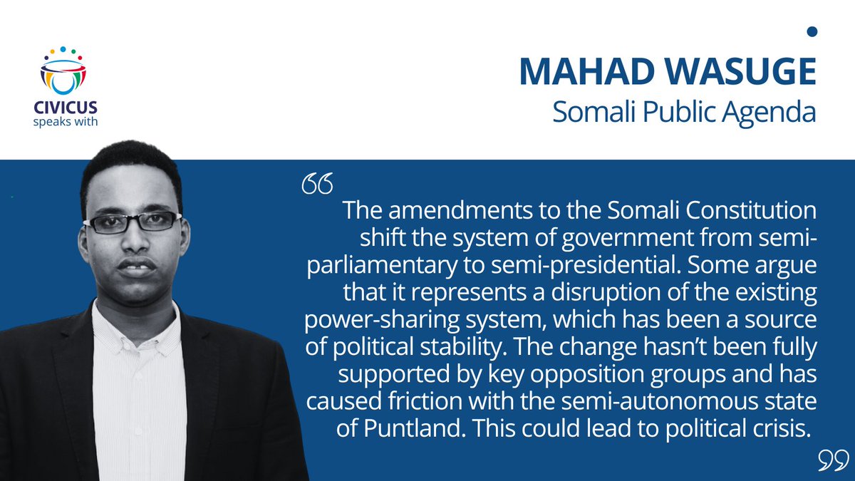 🇸🇴SOMALIA: ‘Civil society is playing key roles in the ongoing constitutional process’ - ED of @somalipubagenda, @MahadWasuge speaks on recent constitutional change and its implications for Somali civil society
🔗web.civicus.org/MahadWasuge 
#CIVICUSLens @SPAPolicyLab @SPACLD @SPA_PAF