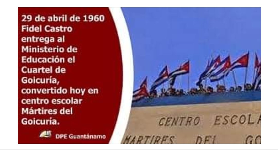 El 29 de abril de 1969 el Comandante en Jefe entregó al Ministerio de Educación el Cuartel Goicuría, con el fin de convertirlo en un centro escolar #CubaViveEnSuHistoria #CubaEsEducación @CENASACuba @CristbalArredo3 @Roymihcuervo @CapdevilaLeal @JosAnto78680701 @JuanCar17661812