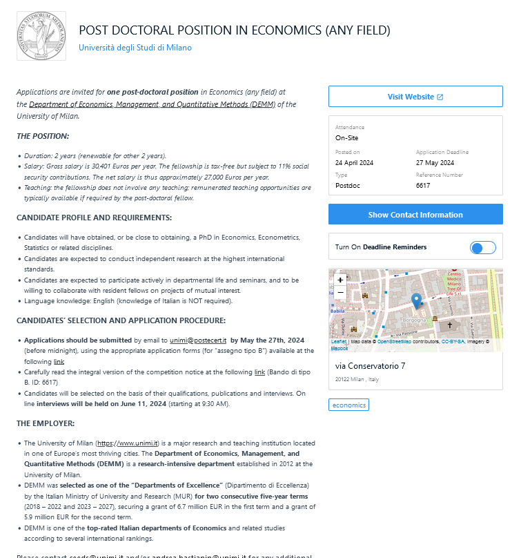 #econtwitter #econjobmarket  

we are hiring a  Post-Doc Researcher in Economics (any field) at @DemmUnimi @LaStatale in #Milan  

Join us! great research environment and great colleagues!

Application deadline: 27 May 2024

inomics.com/job/post-docto…