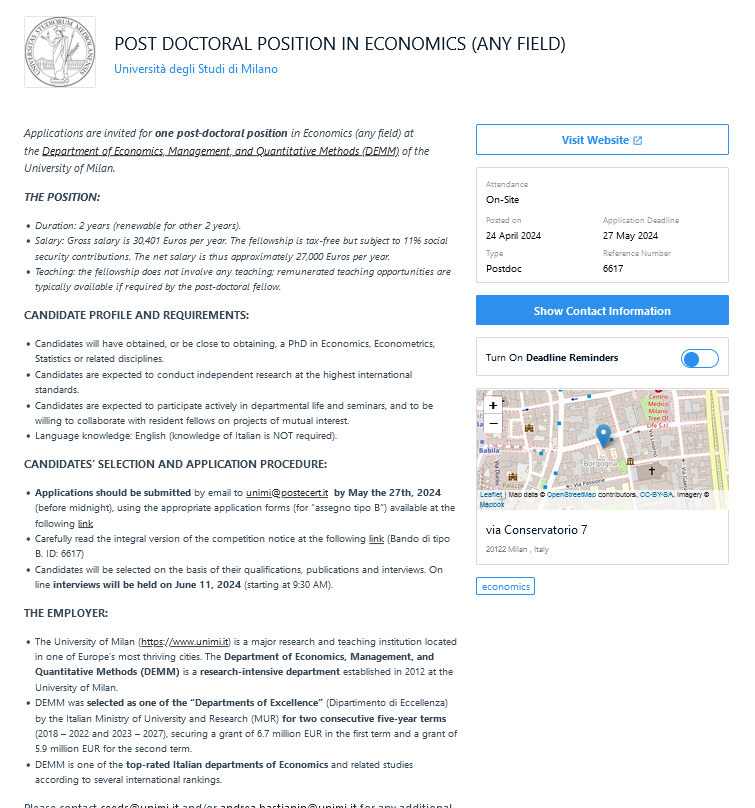 #econtwitter #econjobmarket we are hiring a Post-Doc Researcher in Economics (any field) at @DemmUnimi @LaStatale in #Milan Join us! great research environment and great colleagues! Application deadline: 27 May 2024 inomics.com/job/post-docto…